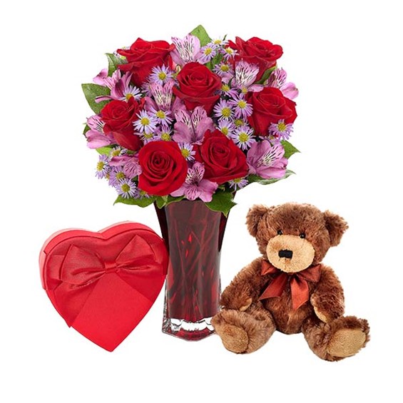 &quot;Say it with Love&quot; flower bouquet, plush brown bear and Harry London chocolates (BF385-11KMBNDL)
